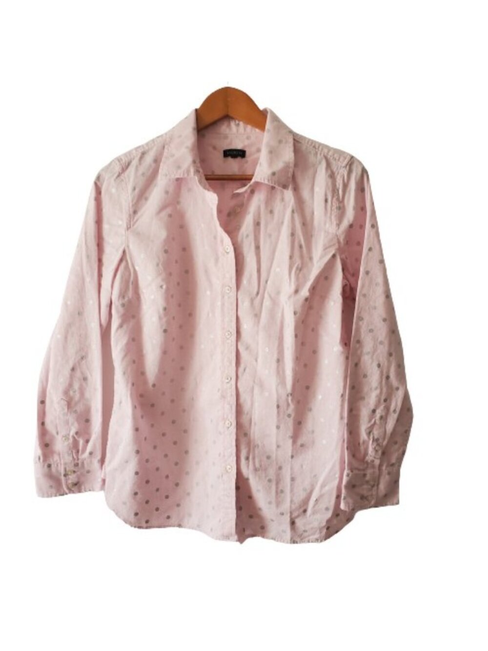 Talbots Women's Baby Pink Shimmer Foil Polka Dots Classic Button Down Shirt M - Picture 2 of 10